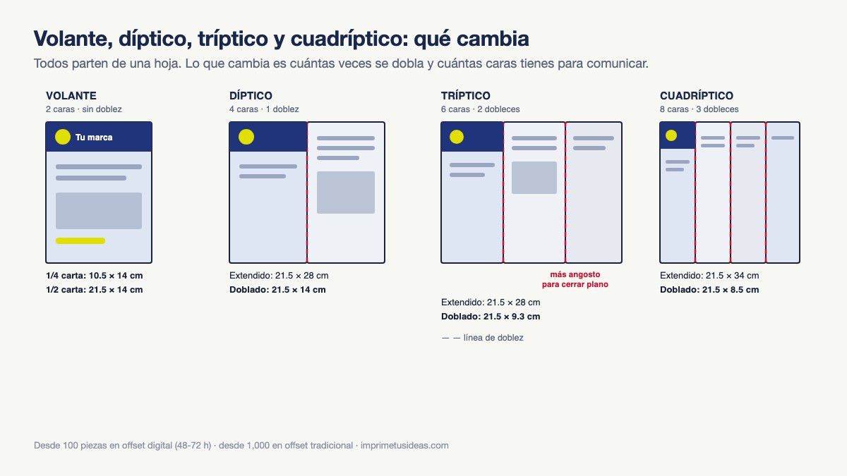 Diagrama de volante, díptico, tríptico y cuadríptico con sus dobleces y medidas extendidas y dobladas