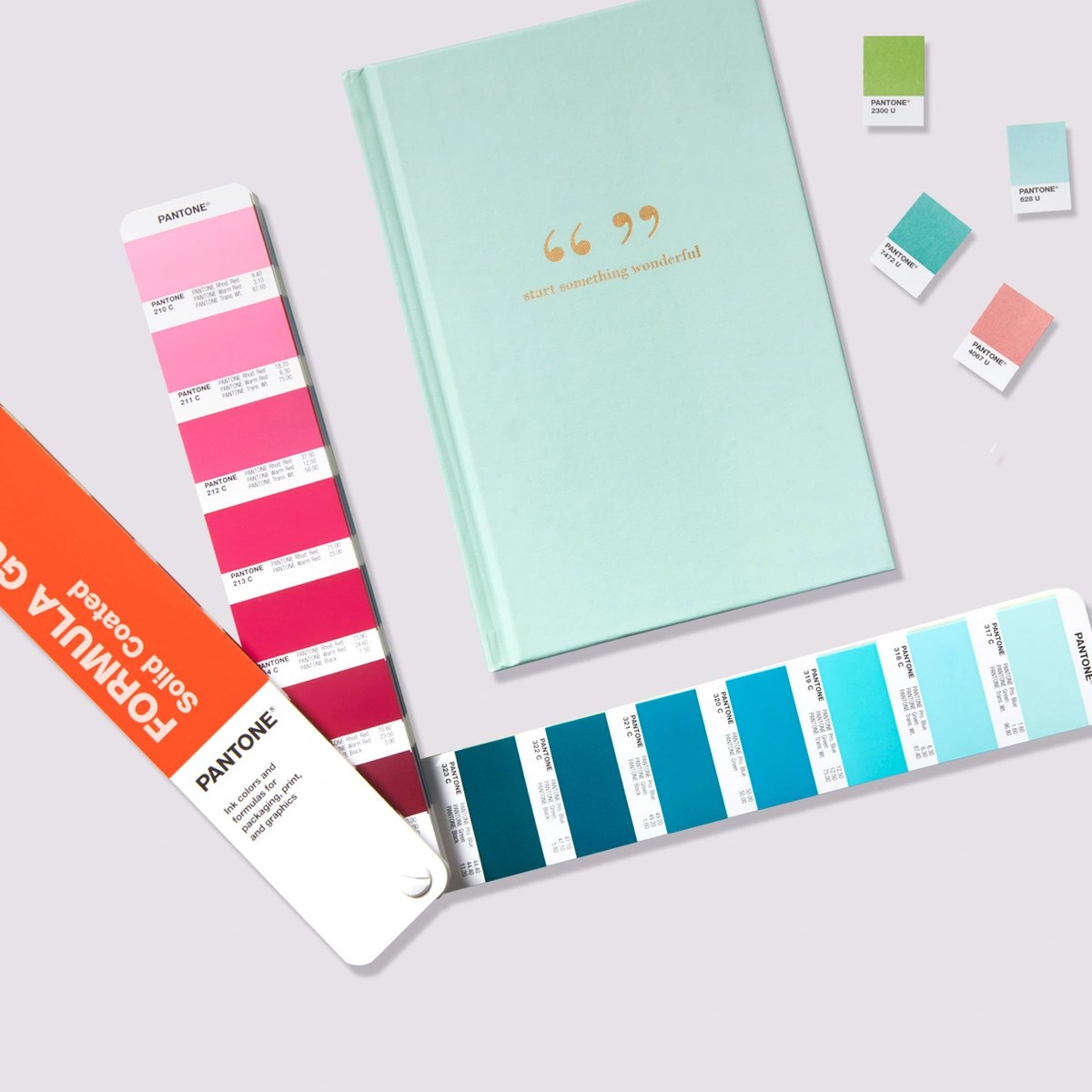 Guía Pantone abierta junto a una libreta con estampado dorado y chips de color desprendibles
