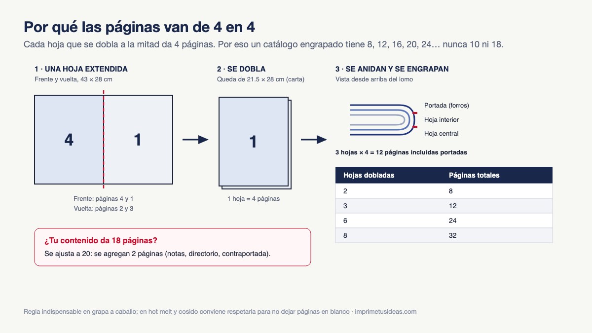 Diagrama de una hoja extendida que al doblarse forma cuatro páginas y de tres hojas anidadas que forman un catálogo de doce páginas