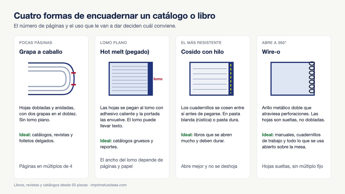 Comparación de cuatro encuadernaciones: grapa a caballo, hot melt, cosido con hilo y wire-o