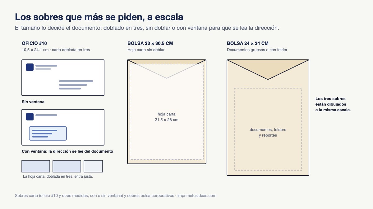 Sobre oficio número 10 con y sin ventana junto a sobres bolsa de 23 por 30.5 y 24 por 34 centímetros, dibujados a la misma escala